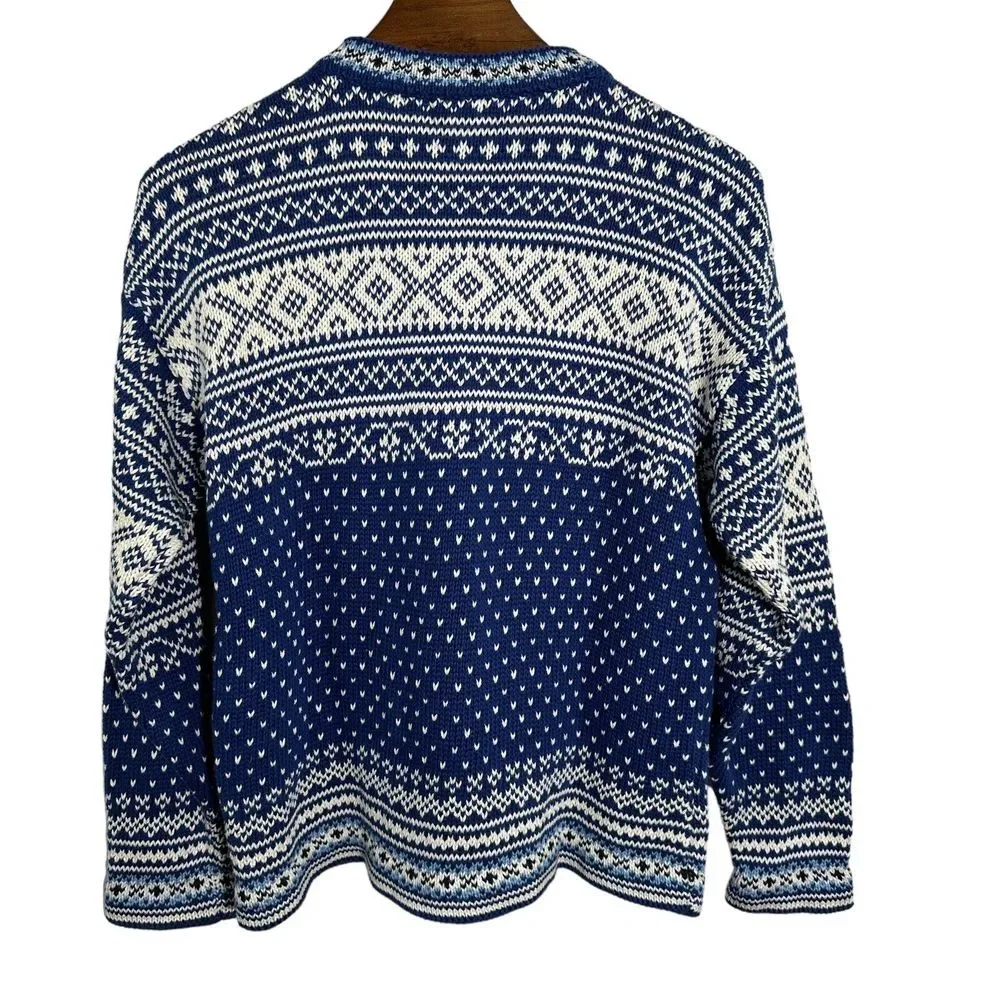 LL Bean Women's Blue White Fair Isle Cotton Crewneck 3 Button Sweater Medium - Picture 2 of 13